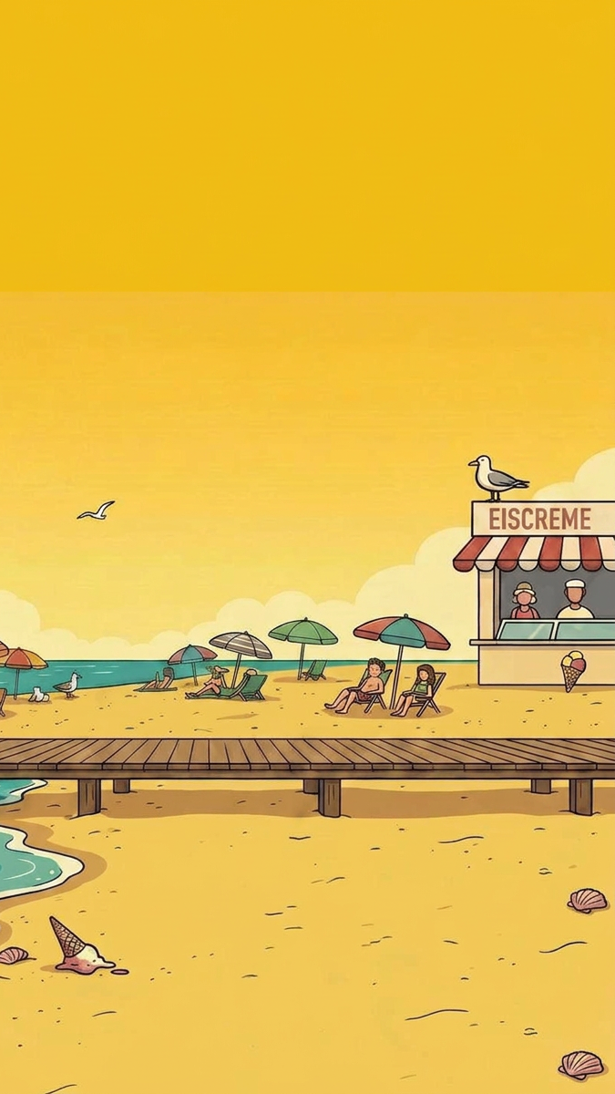 Strandszene mit Steg und Sonnenschirmen – ruhig und einladend